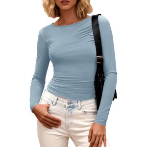 imageBTFBM Womens Tops 2025 Fall Clothes Long Sleeve T Shirts Boat Neck Ruched Slim Fit Casual Stretchy Going Out OutfitsBlue