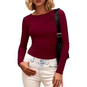 imageBTFBM Womens Tops 2025 Fall Clothes Long Sleeve T Shirts Boat Neck Ruched Slim Fit Casual Stretchy Going Out OutfitsBurgundy