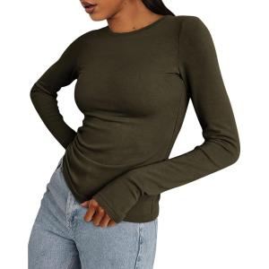 imageBTFBM Womens Tops 2025 Fall Outfits Long Sleeve Shirts Crewneck Work Blouses Stretchy Slim Fit Going Out Top WorkoutArmy Green