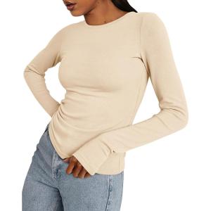 imageBTFBM Womens Tops 2025 Fall Outfits Long Sleeve Shirts Crewneck Work Blouses Stretchy Slim Fit Going Out Top WorkoutBeige