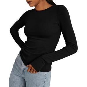 imageBTFBM Womens Tops 2025 Fall Outfits Long Sleeve Shirts Crewneck Work Blouses Stretchy Slim Fit Going Out Top WorkoutBlack