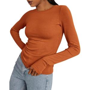 imageBTFBM Womens Tops 2025 Fall Outfits Long Sleeve Shirts Crewneck Work Blouses Stretchy Slim Fit Going Out Top WorkoutBrick Red