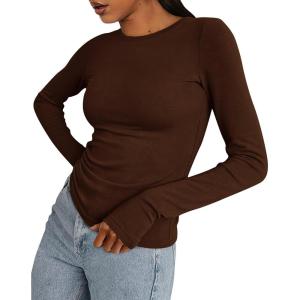 imageBTFBM Womens Tops 2025 Fall Outfits Long Sleeve Shirts Crewneck Work Blouses Stretchy Slim Fit Going Out Top WorkoutCoffee