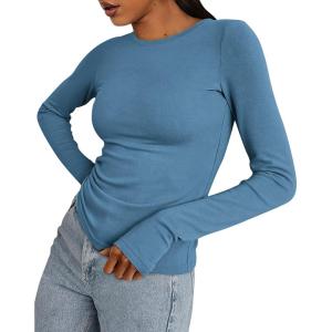 imageBTFBM Womens Tops 2025 Fall Outfits Long Sleeve Shirts Crewneck Work Blouses Stretchy Slim Fit Going Out Top WorkoutGrey Blue