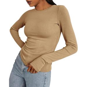imageBTFBM Womens Tops 2025 Fall Outfits Long Sleeve Shirts Crewneck Work Blouses Stretchy Slim Fit Going Out Top WorkoutKhaki