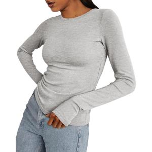imageBTFBM Womens Tops 2025 Fall Outfits Long Sleeve Shirts Crewneck Work Blouses Stretchy Slim Fit Going Out Top WorkoutLight Grey