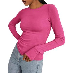 imageBTFBM Womens Tops 2025 Fall Outfits Long Sleeve Shirts Crewneck Work Blouses Stretchy Slim Fit Going Out Top WorkoutRose Red