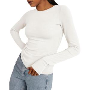 imageBTFBM Womens Tops 2025 Fall Outfits Long Sleeve Shirts Crewneck Work Blouses Stretchy Slim Fit Going Out Top WorkoutWhite