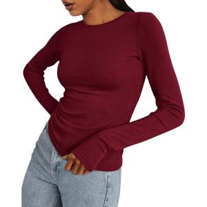 imageBTFBM Womens Tops 2025 Fall Outfits Long Sleeve Shirts Crewneck Work Blouses Stretchy Slim Fit Going Out Top WorkoutWine Red