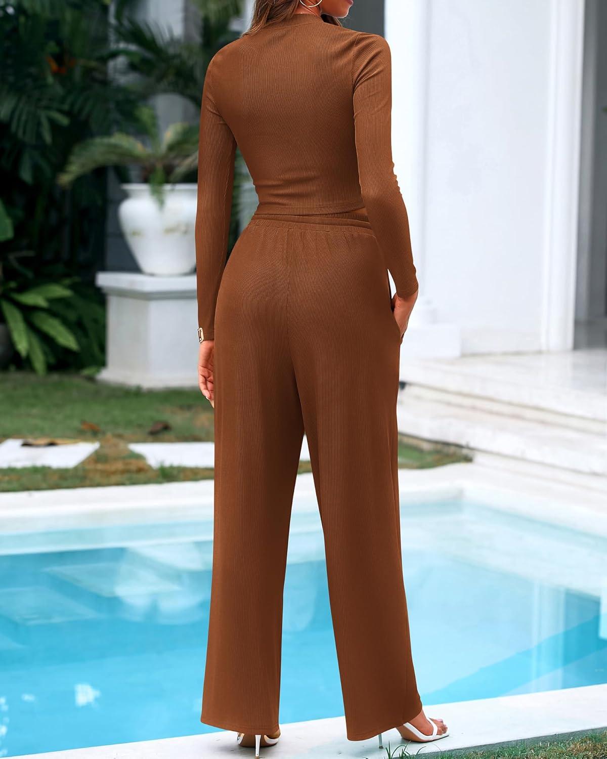 imageBTFBM Casual 2 Piece Sets For Women Fall Outfits 2025 Ribbed Long Sleeve Crop Top Wide Leg Pants Matching Lounge SetBrown