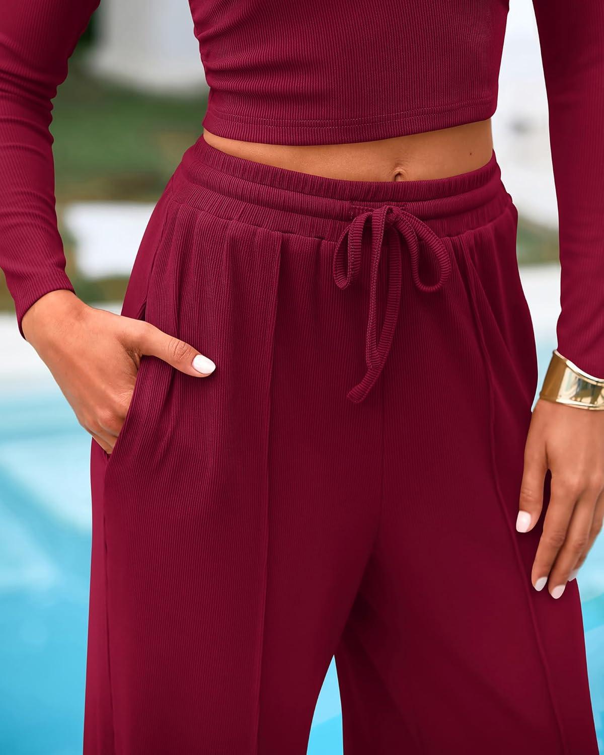 imageBTFBM Casual 2 Piece Sets For Women Fall Outfits 2025 Ribbed Long Sleeve Crop Top Wide Leg Pants Matching Lounge SetBurgundy