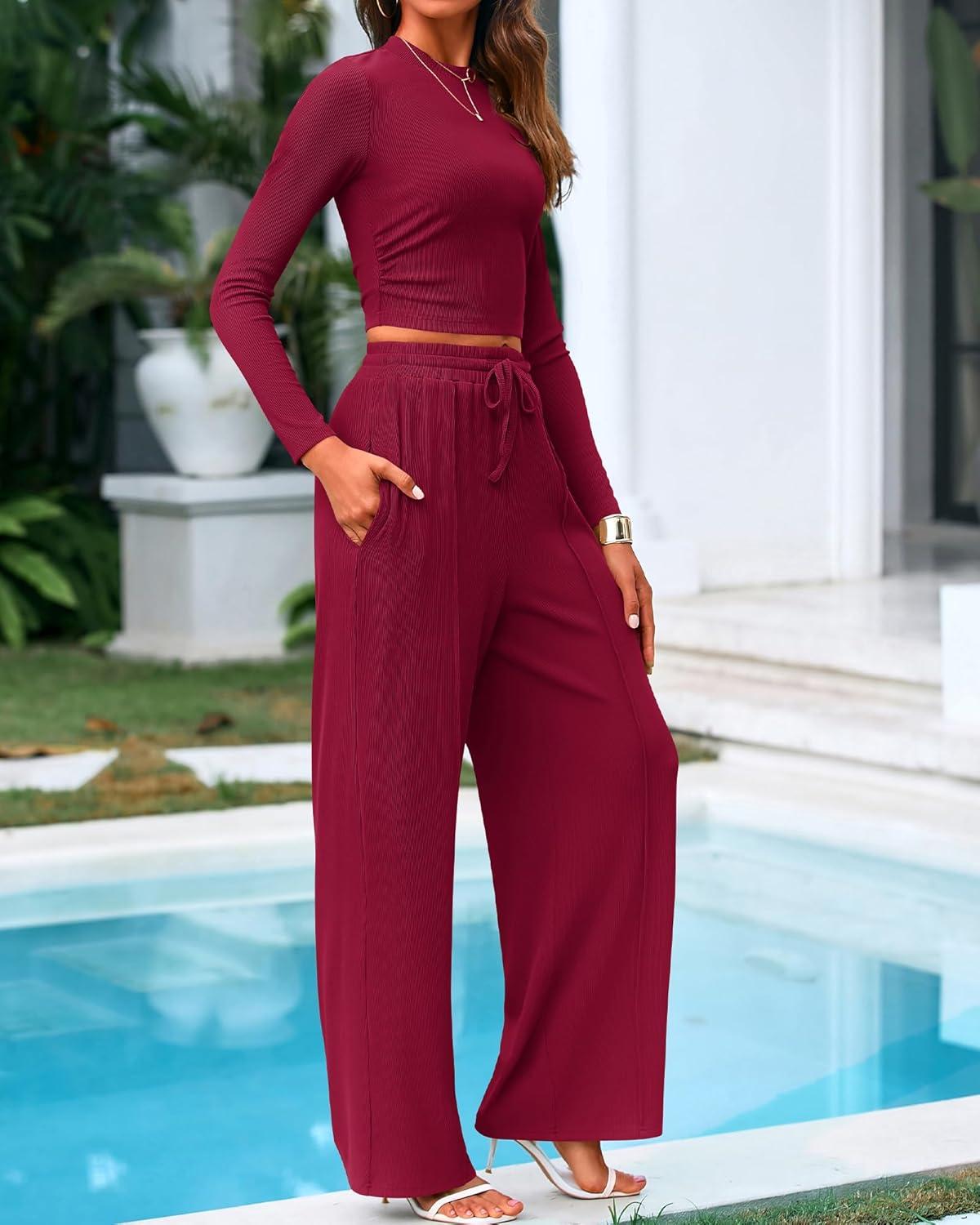 imageBTFBM Casual 2 Piece Sets For Women Fall Outfits 2025 Ribbed Long Sleeve Crop Top Wide Leg Pants Matching Lounge SetBurgundy