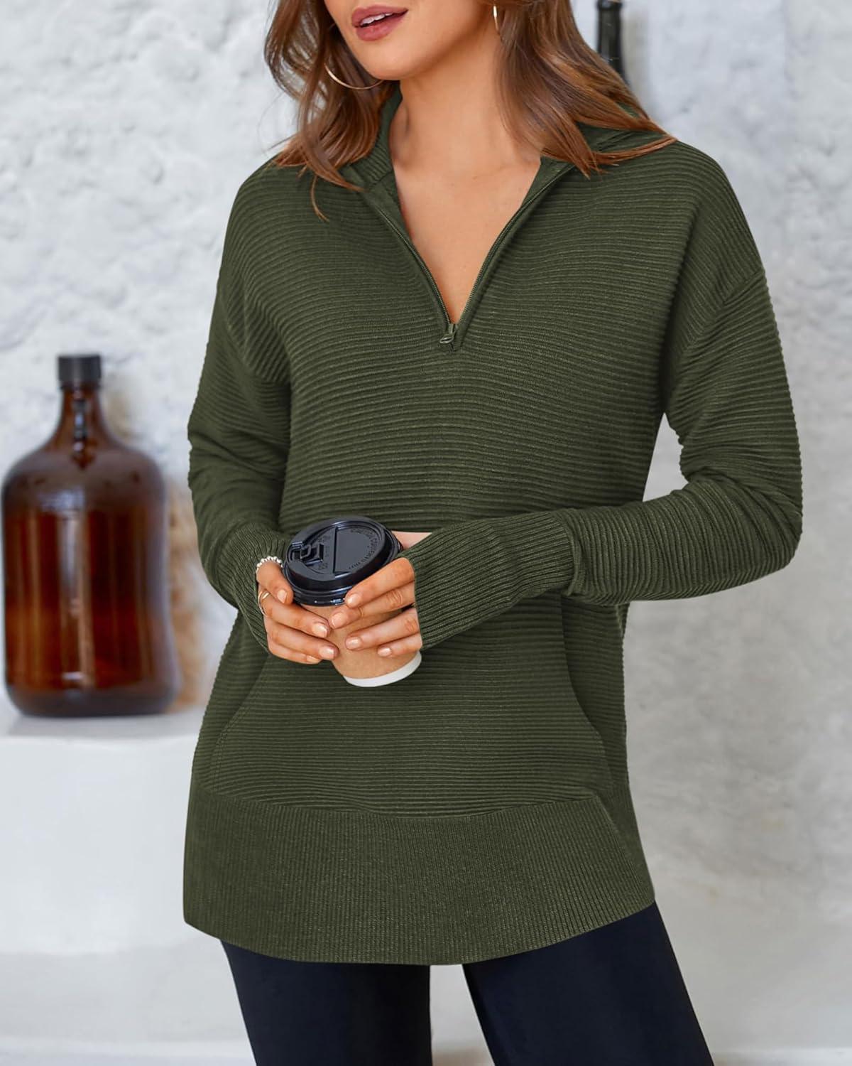 imageBTFBM Sweaters for Women Fall Clothes 2025 Pocket Quarter Zip Pullover V Neck Long Sleeve Knit Trendy Winter SweaterArmy Green