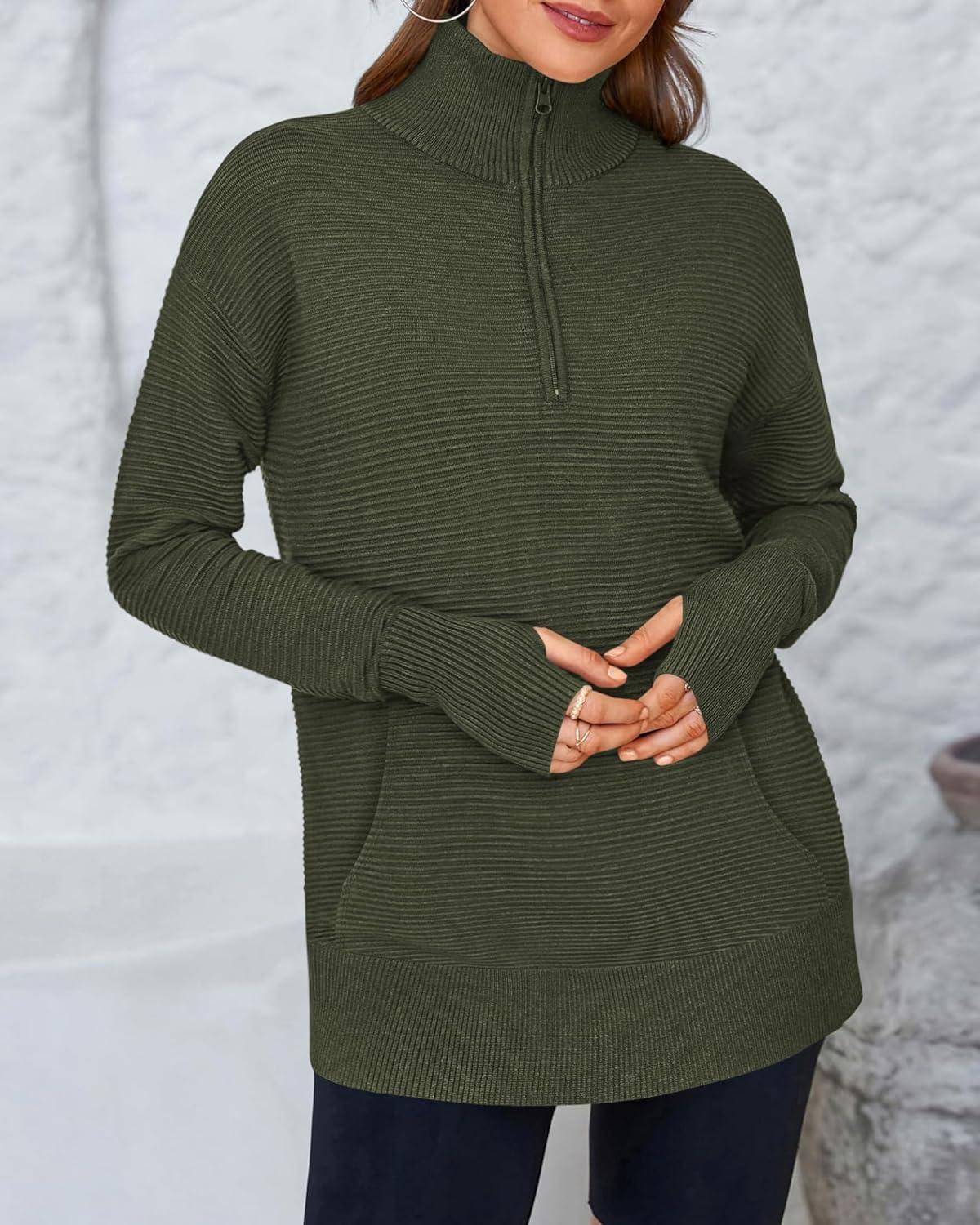 imageBTFBM Sweaters for Women Fall Clothes 2025 Pocket Quarter Zip Pullover V Neck Long Sleeve Knit Trendy Winter SweaterArmy Green