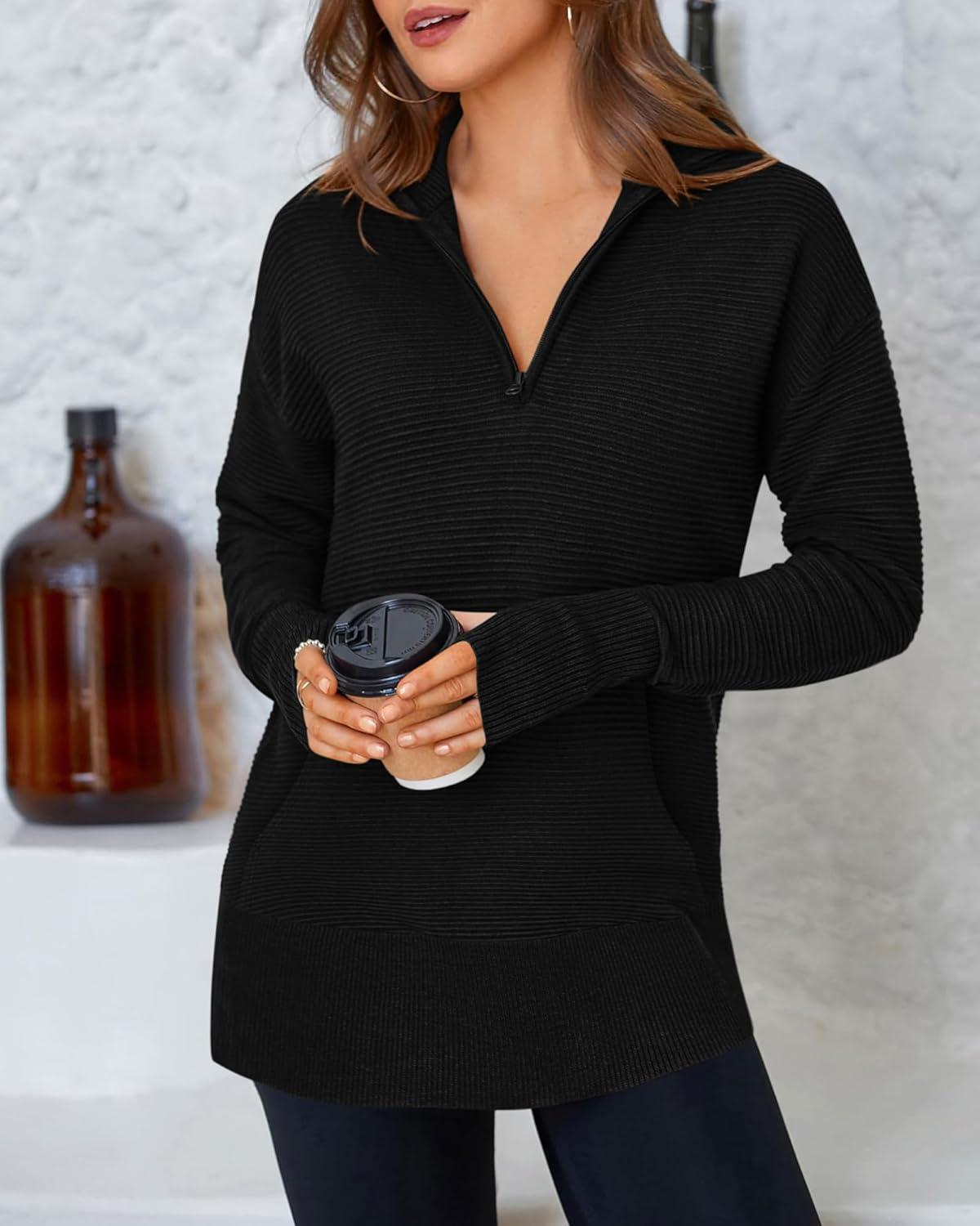 imageBTFBM Sweaters for Women Fall Clothes 2025 Pocket Quarter Zip Pullover V Neck Long Sleeve Knit Trendy Winter SweaterBlack