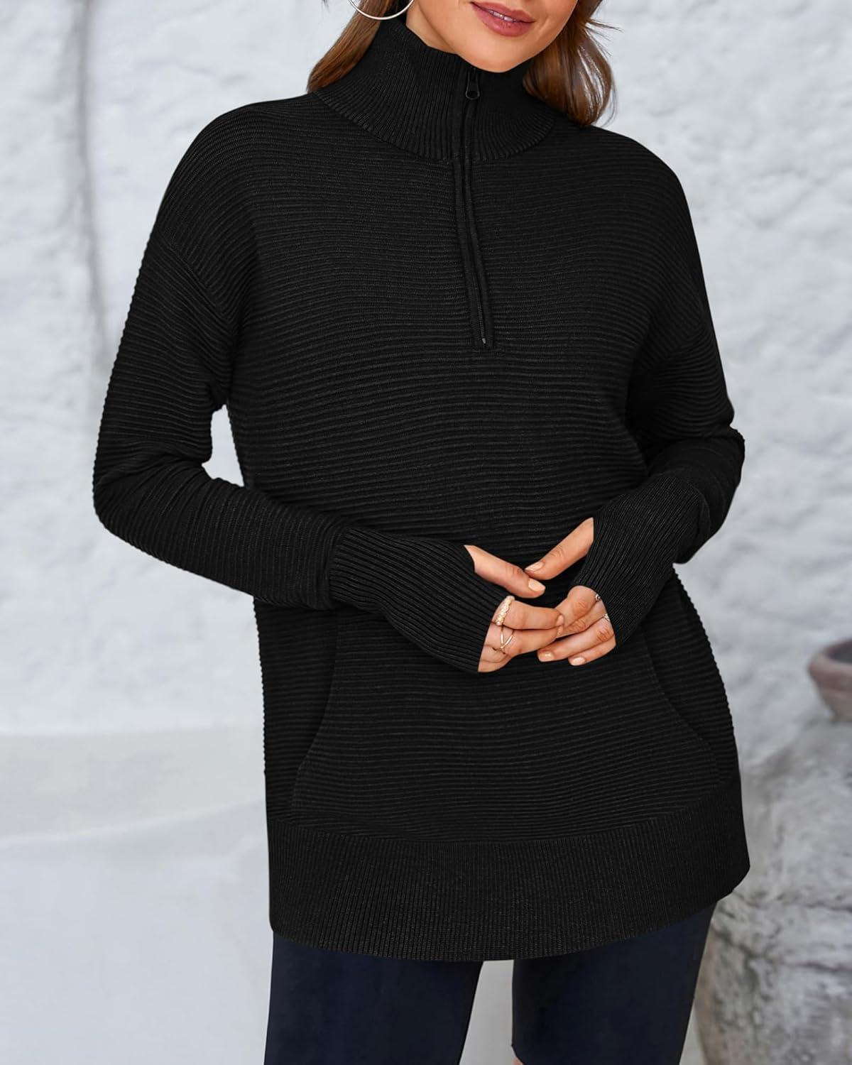 imageBTFBM Sweaters for Women Fall Clothes 2025 Pocket Quarter Zip Pullover V Neck Long Sleeve Knit Trendy Winter SweaterBlack