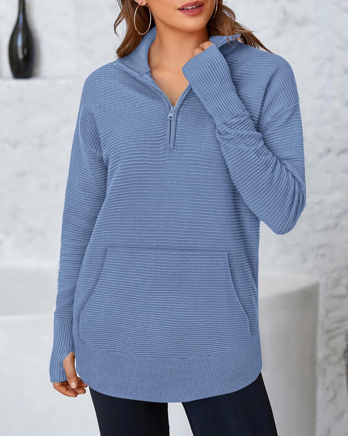 imageBTFBM Sweaters for Women Fall Clothes 2025 Pocket Quarter Zip Pullover V Neck Long Sleeve Knit Trendy Winter SweaterBlue