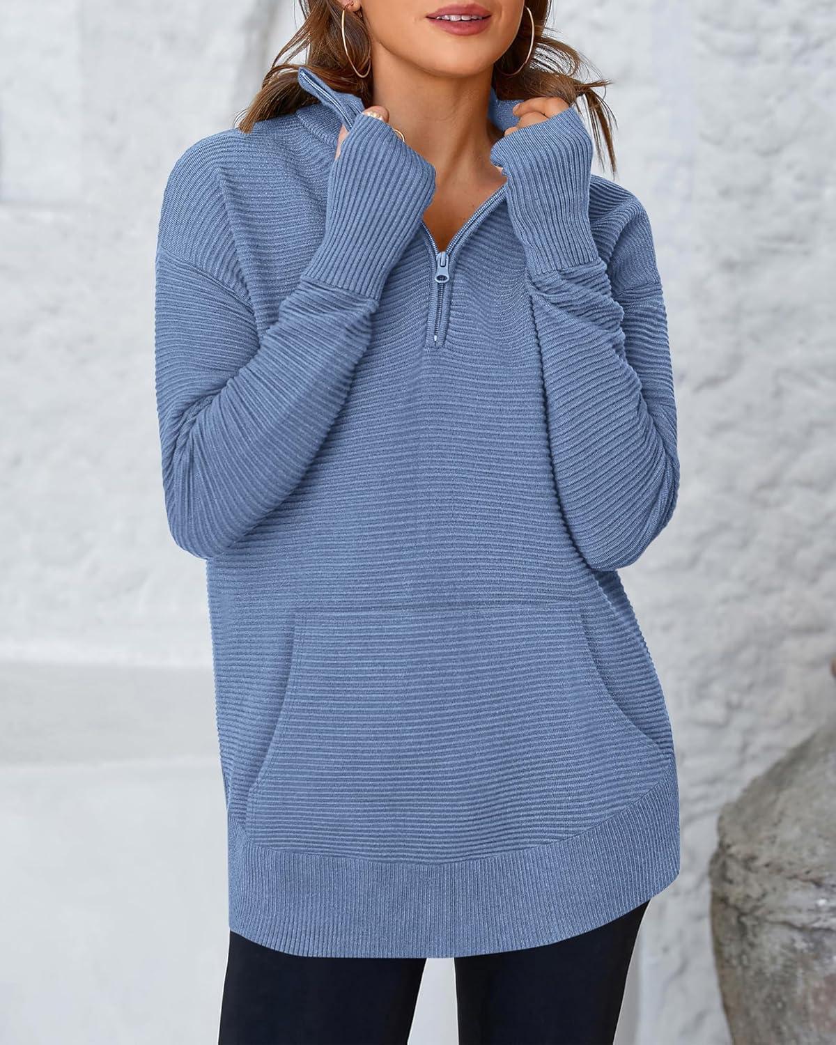 imageBTFBM Sweaters for Women Fall Clothes 2025 Pocket Quarter Zip Pullover V Neck Long Sleeve Knit Trendy Winter SweaterBlue