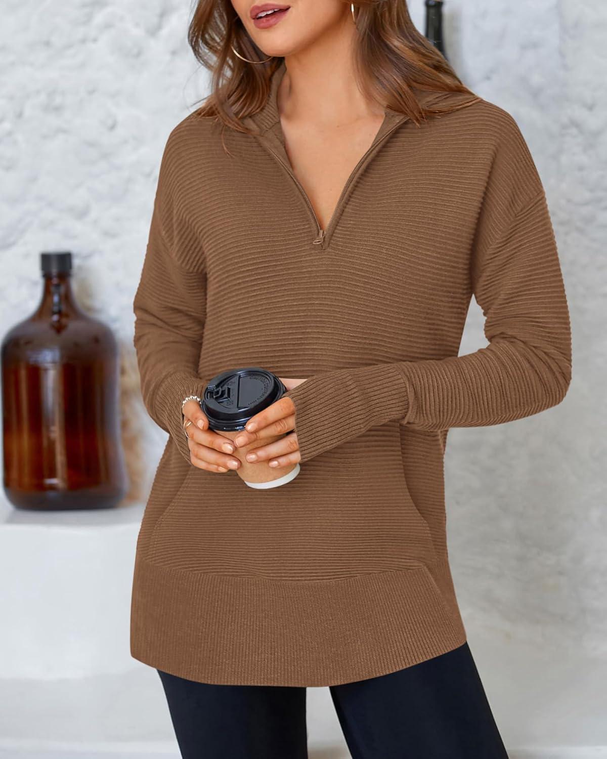 imageBTFBM Sweaters for Women Fall Clothes 2025 Pocket Quarter Zip Pullover V Neck Long Sleeve Knit Trendy Winter SweaterBrown