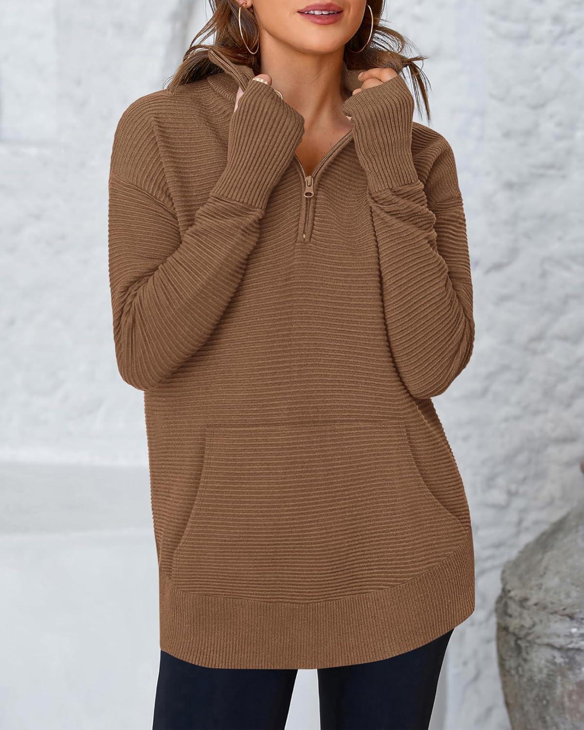imageBTFBM Sweaters for Women Fall Clothes 2025 Pocket Quarter Zip Pullover V Neck Long Sleeve Knit Trendy Winter SweaterBrown