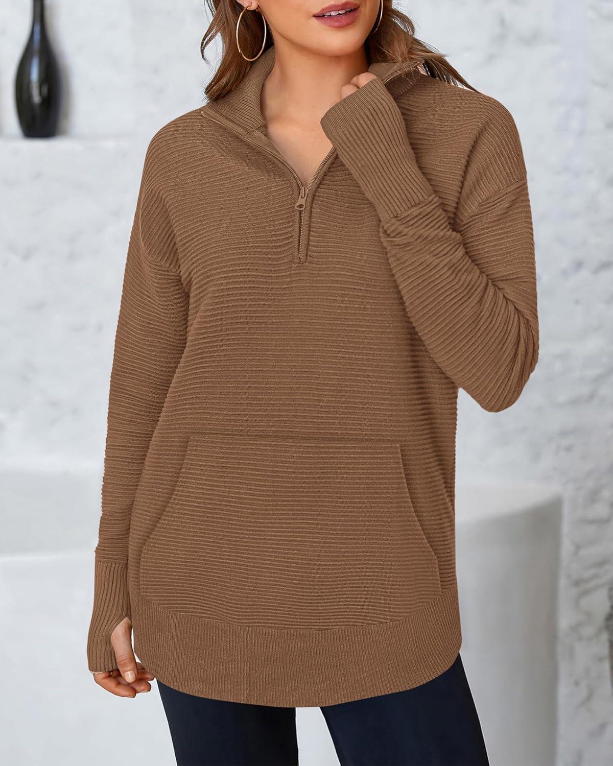 imageBTFBM Sweaters for Women Fall Clothes 2025 Pocket Quarter Zip Pullover V Neck Long Sleeve Knit Trendy Winter SweaterBrown
