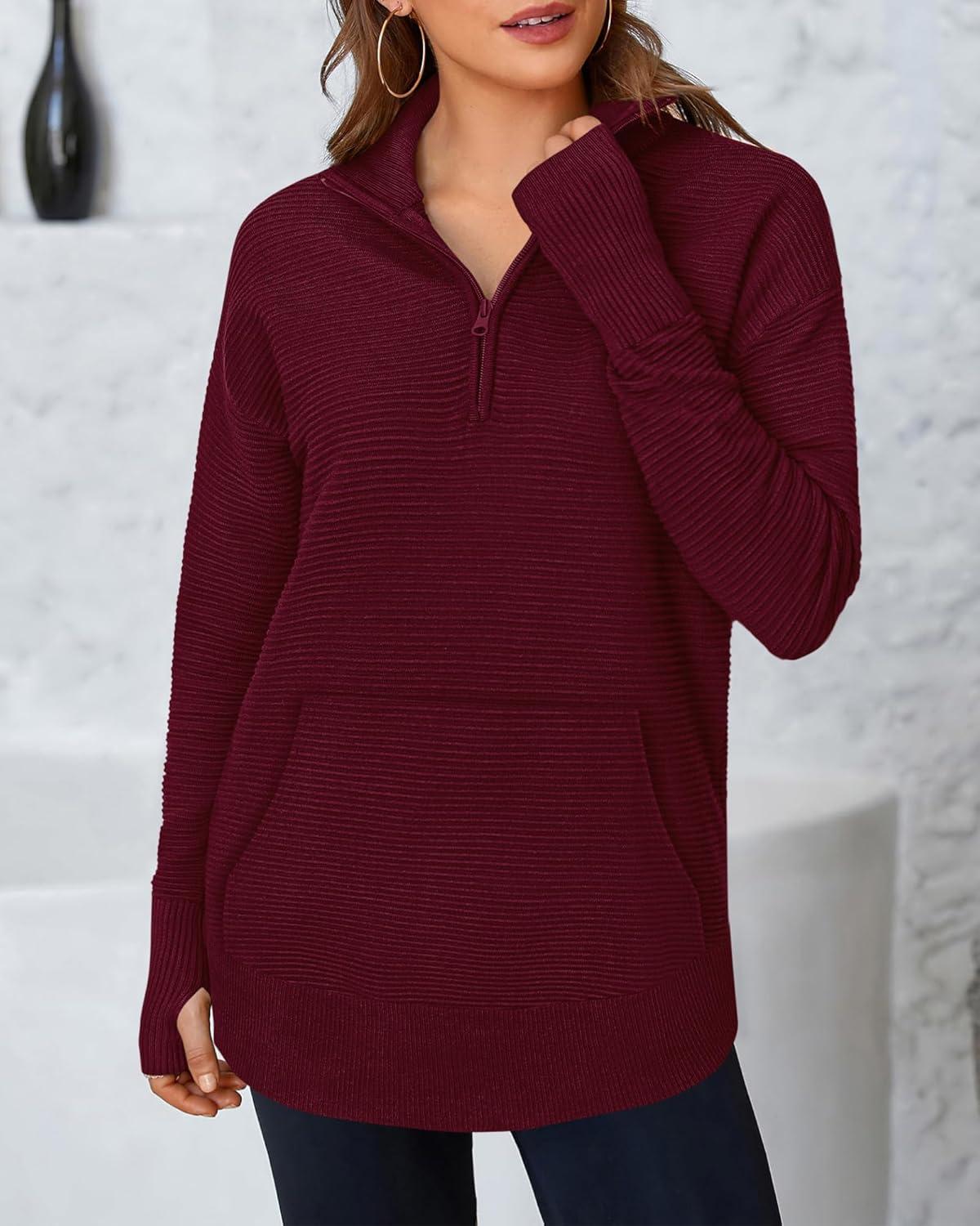 imageBTFBM Sweaters for Women Fall Clothes 2025 Pocket Quarter Zip Pullover V Neck Long Sleeve Knit Trendy Winter SweaterBurgundy