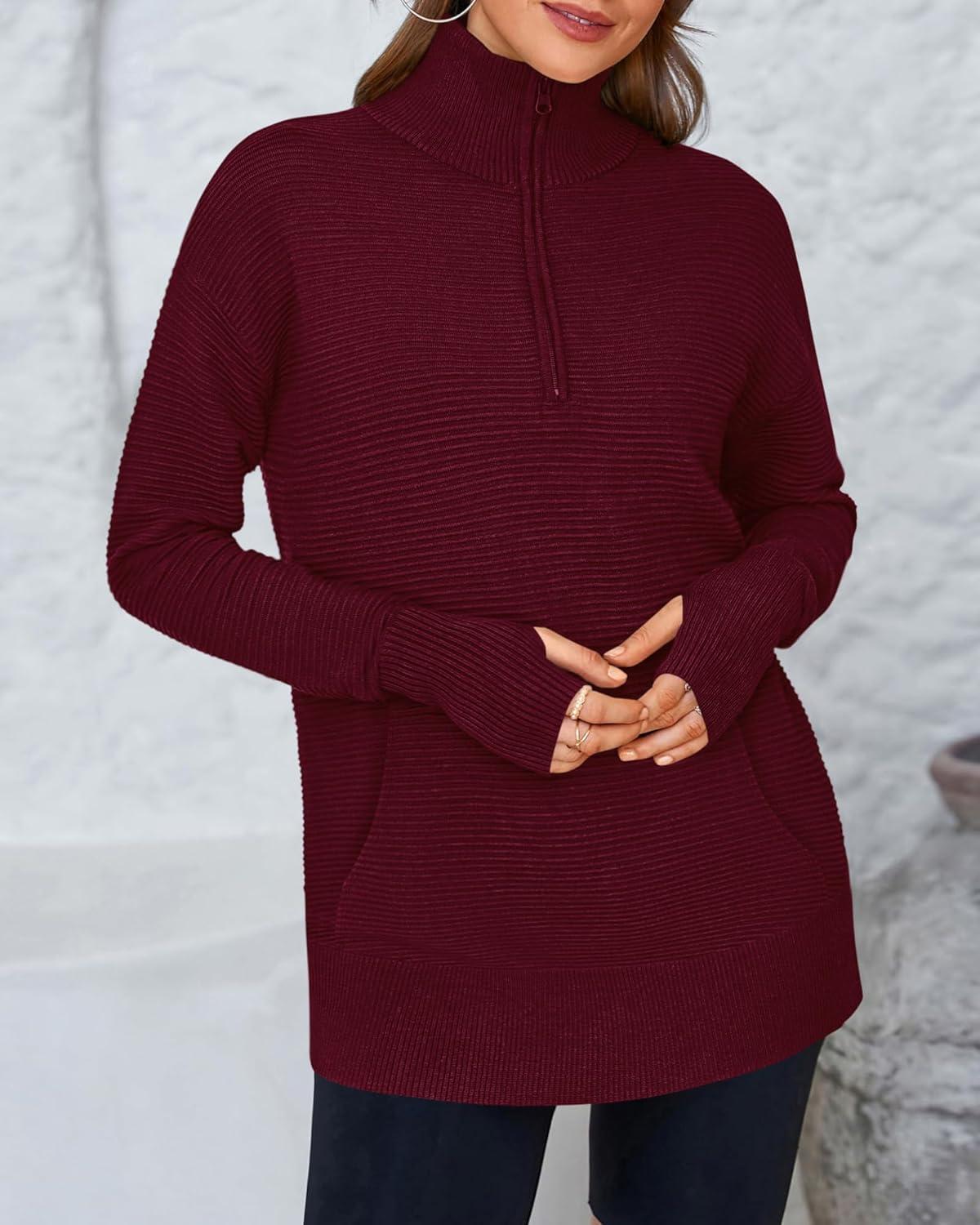 imageBTFBM Sweaters for Women Fall Clothes 2025 Pocket Quarter Zip Pullover V Neck Long Sleeve Knit Trendy Winter SweaterBurgundy
