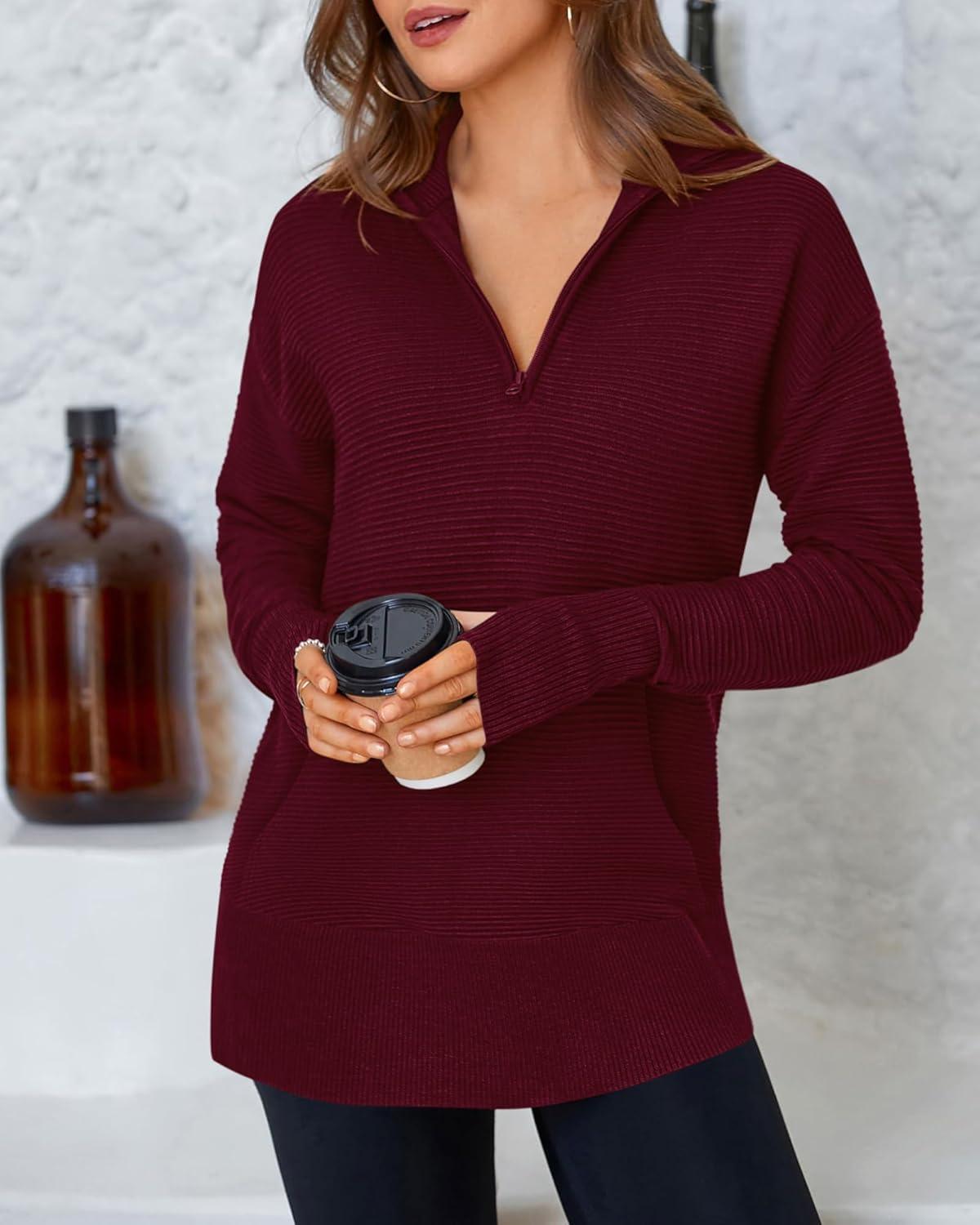 imageBTFBM Sweaters for Women Fall Clothes 2025 Pocket Quarter Zip Pullover V Neck Long Sleeve Knit Trendy Winter SweaterBurgundy