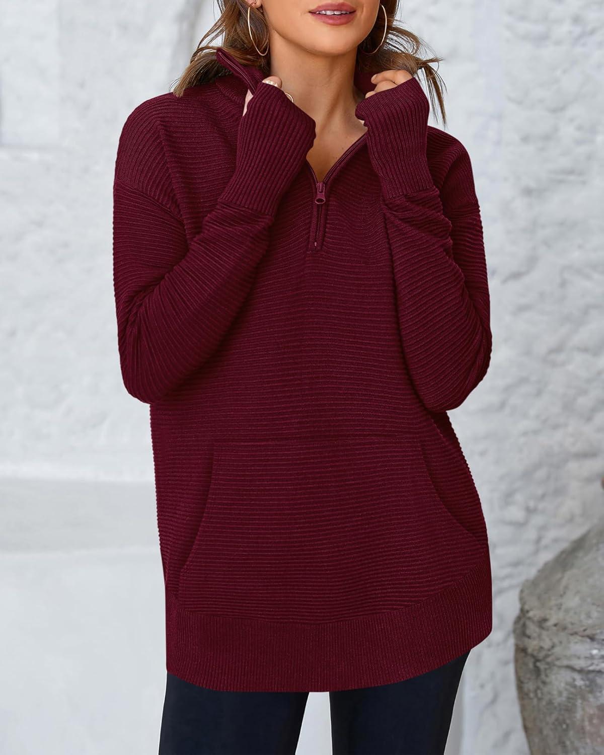 imageBTFBM Sweaters for Women Fall Clothes 2025 Pocket Quarter Zip Pullover V Neck Long Sleeve Knit Trendy Winter SweaterBurgundy