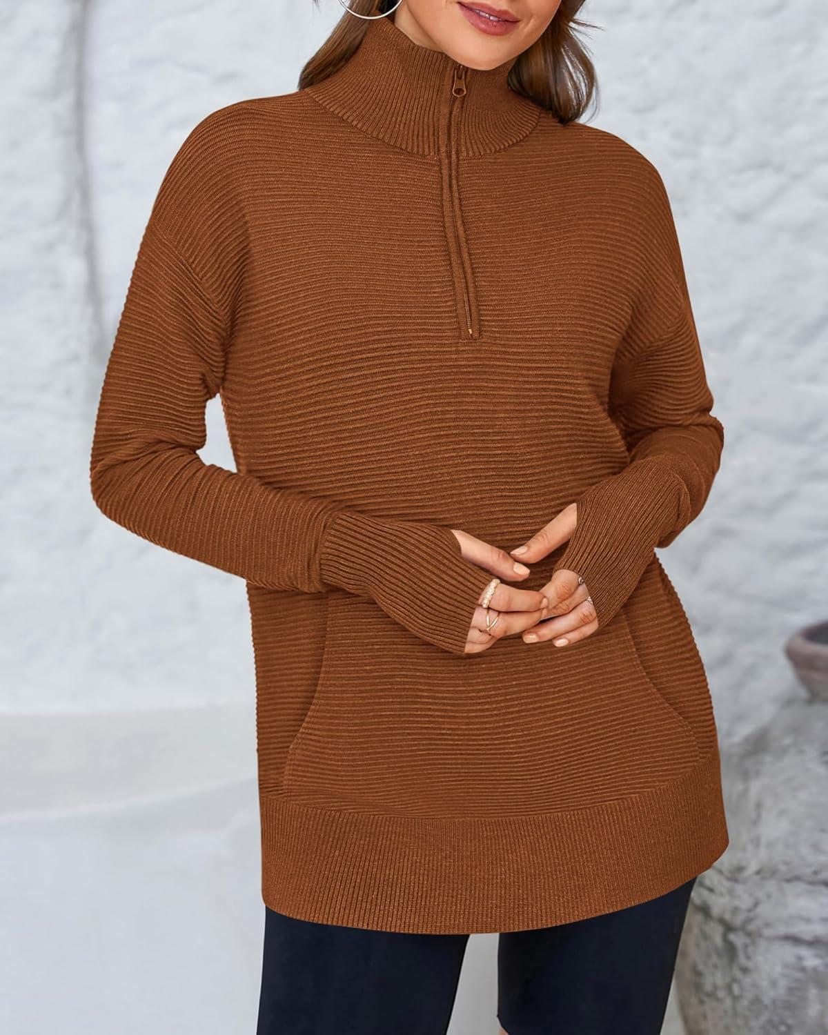 imageBTFBM Sweaters for Women Fall Clothes 2025 Pocket Quarter Zip Pullover V Neck Long Sleeve Knit Trendy Winter SweaterCaramel