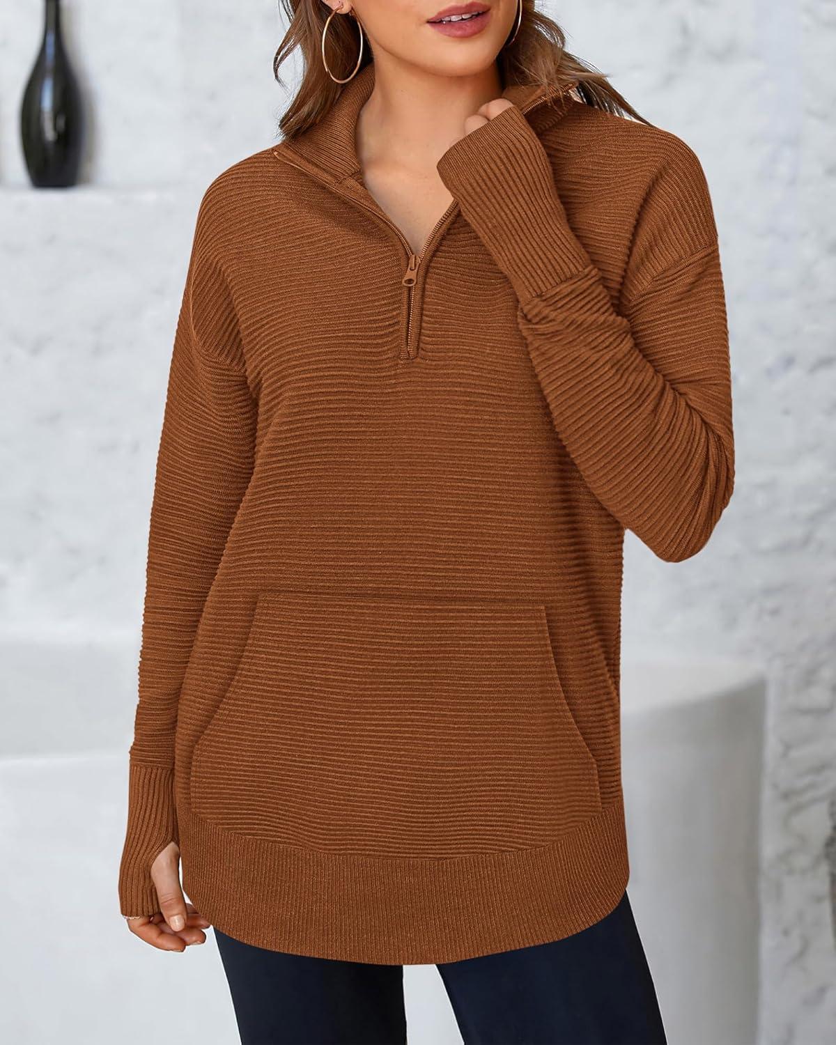 imageBTFBM Sweaters for Women Fall Clothes 2025 Pocket Quarter Zip Pullover V Neck Long Sleeve Knit Trendy Winter SweaterCaramel