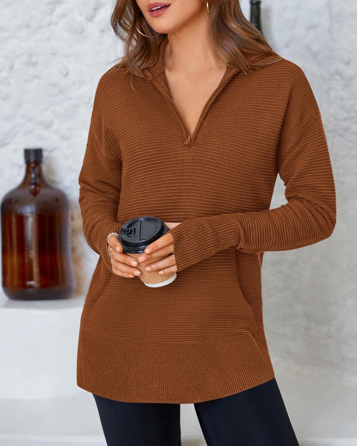 imageBTFBM Sweaters for Women Fall Clothes 2025 Pocket Quarter Zip Pullover V Neck Long Sleeve Knit Trendy Winter SweaterCaramel