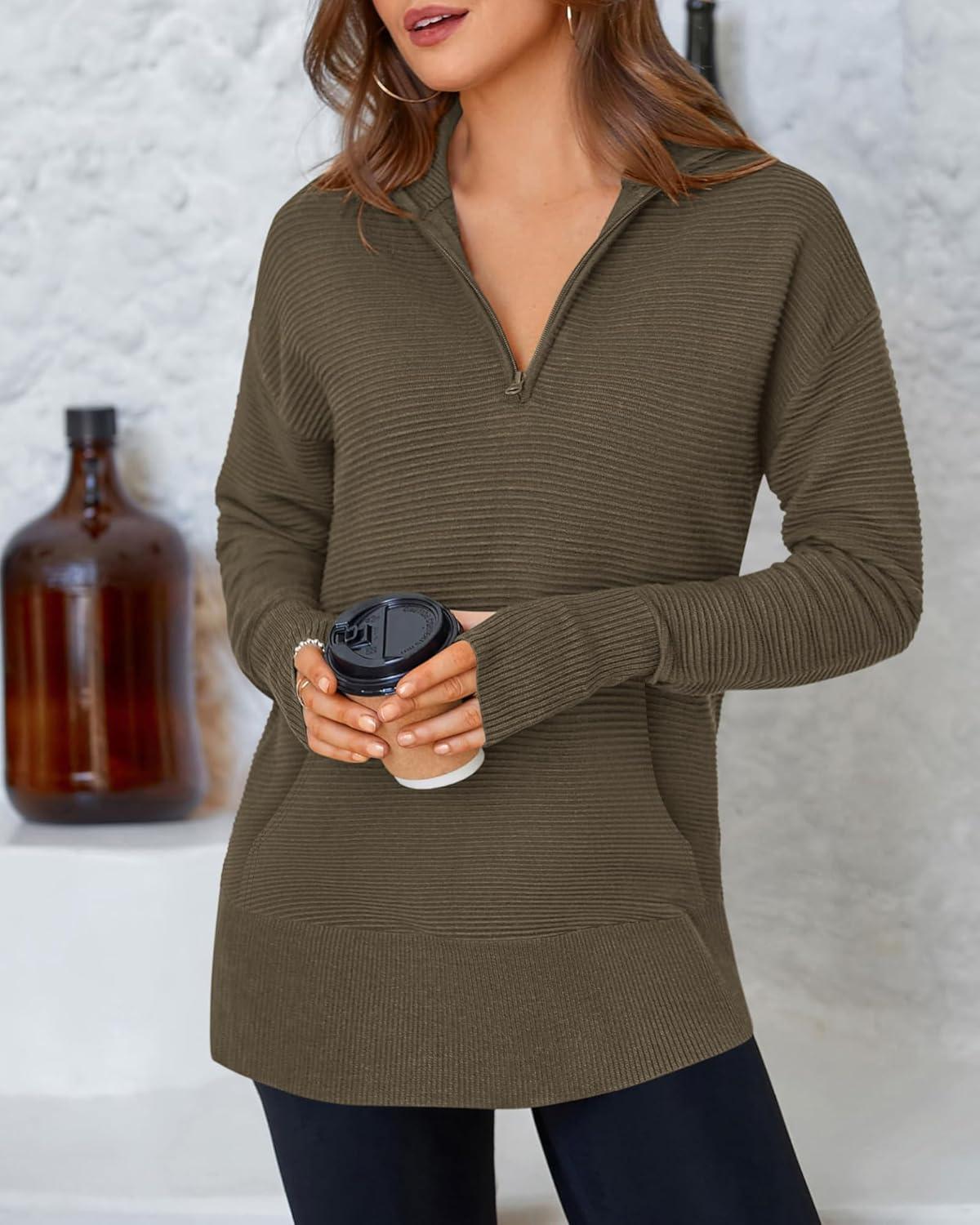 imageBTFBM Sweaters for Women Fall Clothes 2025 Pocket Quarter Zip Pullover V Neck Long Sleeve Knit Trendy Winter SweaterDark Army Green