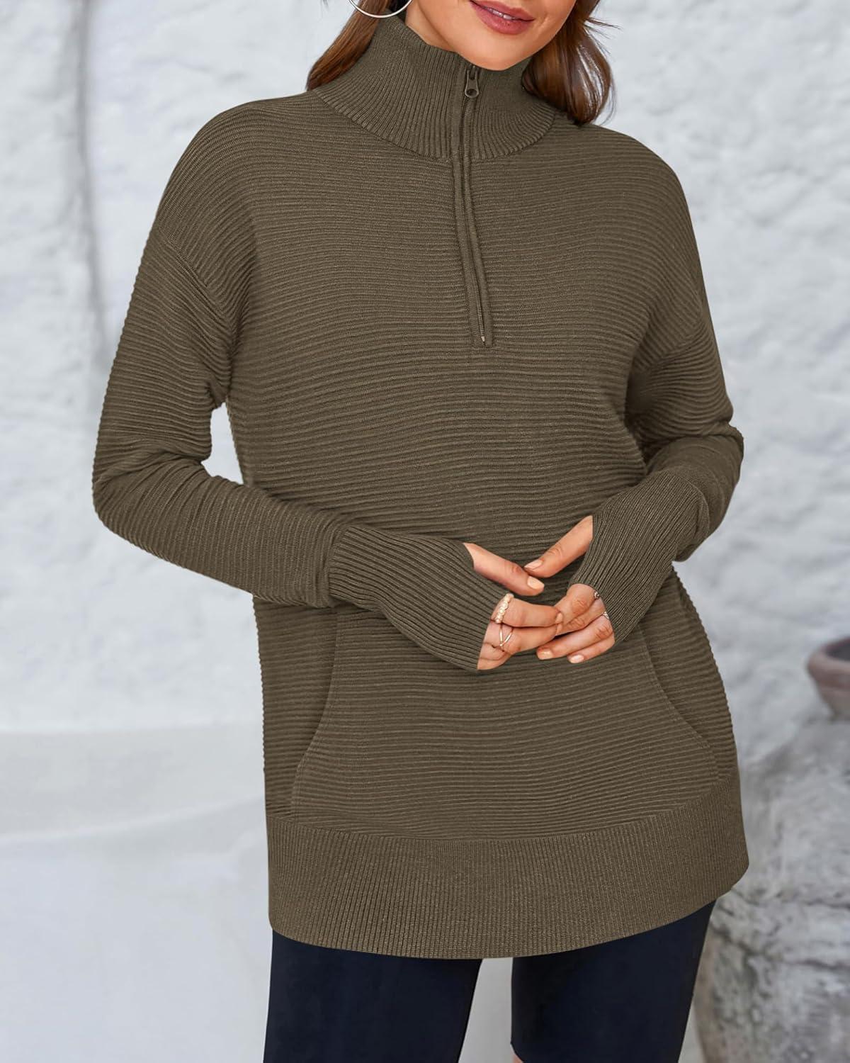 imageBTFBM Sweaters for Women Fall Clothes 2025 Pocket Quarter Zip Pullover V Neck Long Sleeve Knit Trendy Winter SweaterDark Army Green