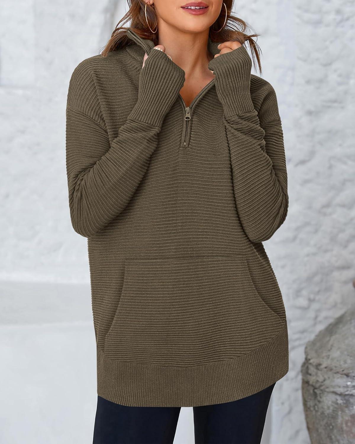 imageBTFBM Sweaters for Women Fall Clothes 2025 Pocket Quarter Zip Pullover V Neck Long Sleeve Knit Trendy Winter SweaterDark Army Green