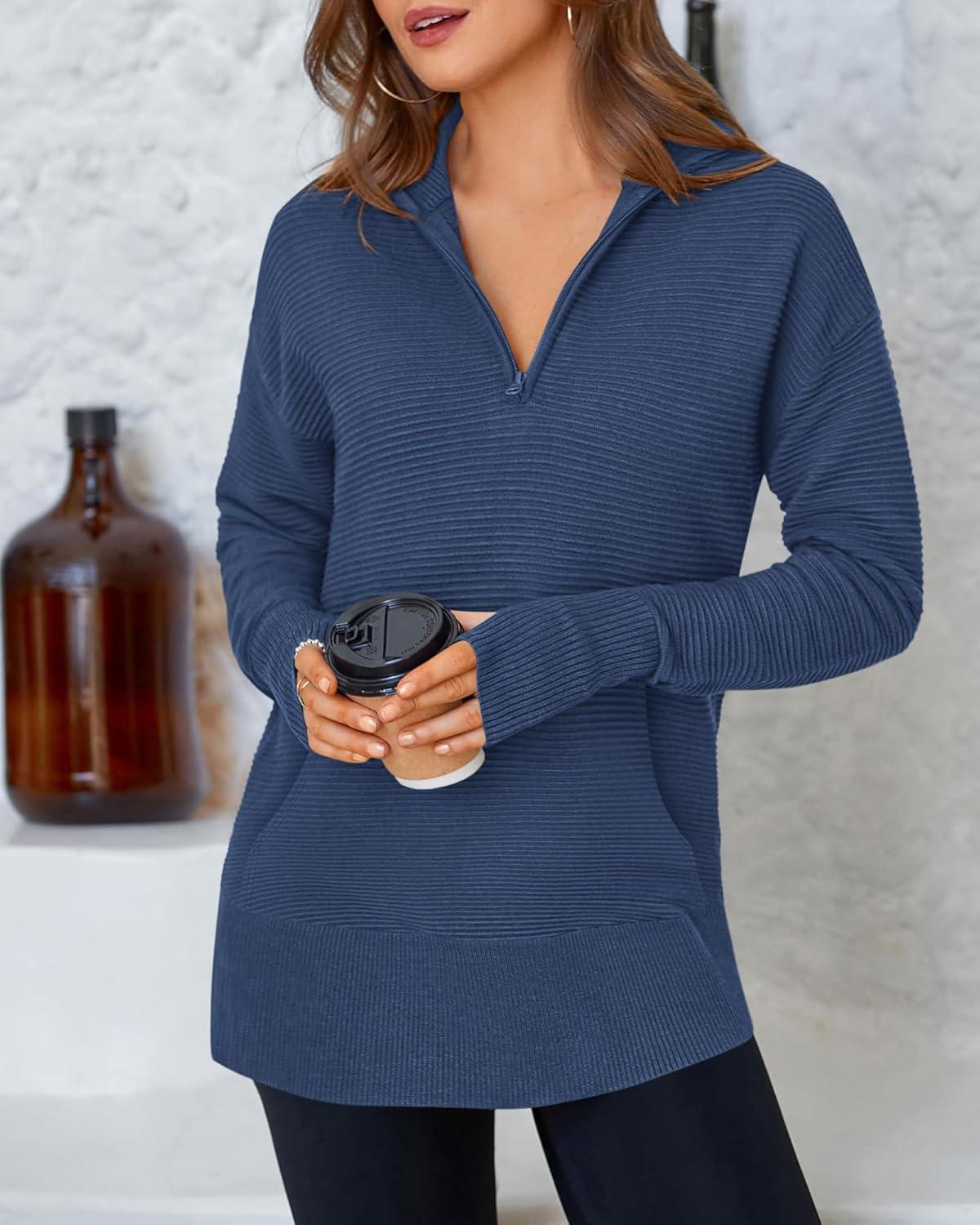 imageBTFBM Sweaters for Women Fall Clothes 2025 Pocket Quarter Zip Pullover V Neck Long Sleeve Knit Trendy Winter SweaterDark Blue