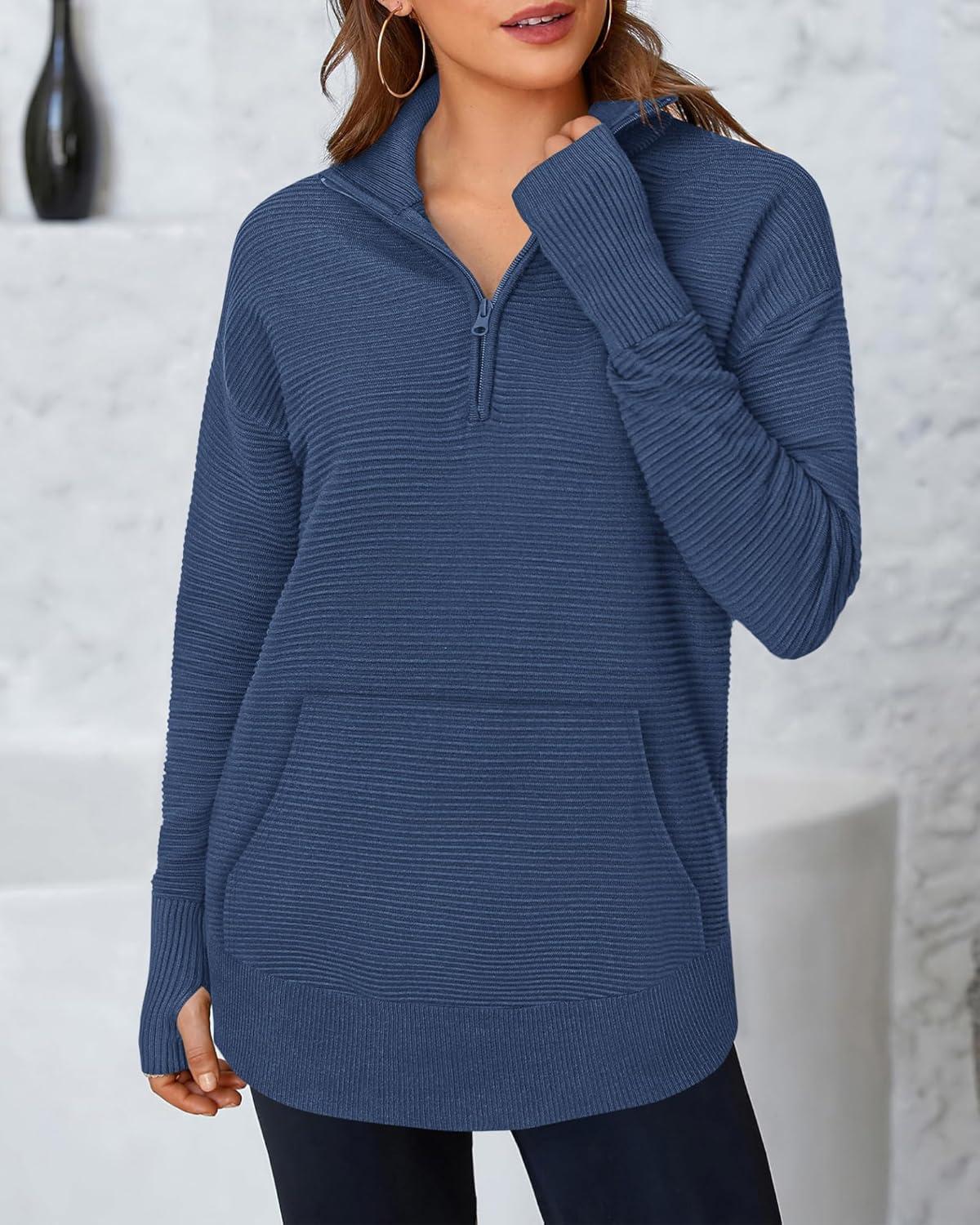 imageBTFBM Sweaters for Women Fall Clothes 2025 Pocket Quarter Zip Pullover V Neck Long Sleeve Knit Trendy Winter SweaterDark Blue