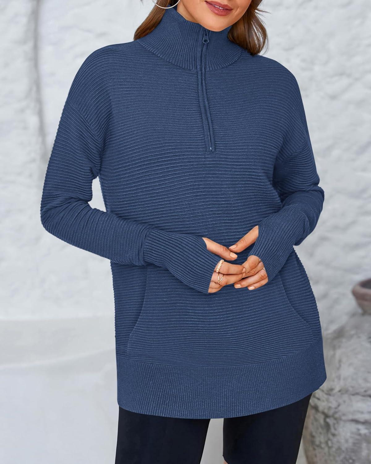 imageBTFBM Sweaters for Women Fall Clothes 2025 Pocket Quarter Zip Pullover V Neck Long Sleeve Knit Trendy Winter SweaterDark Blue