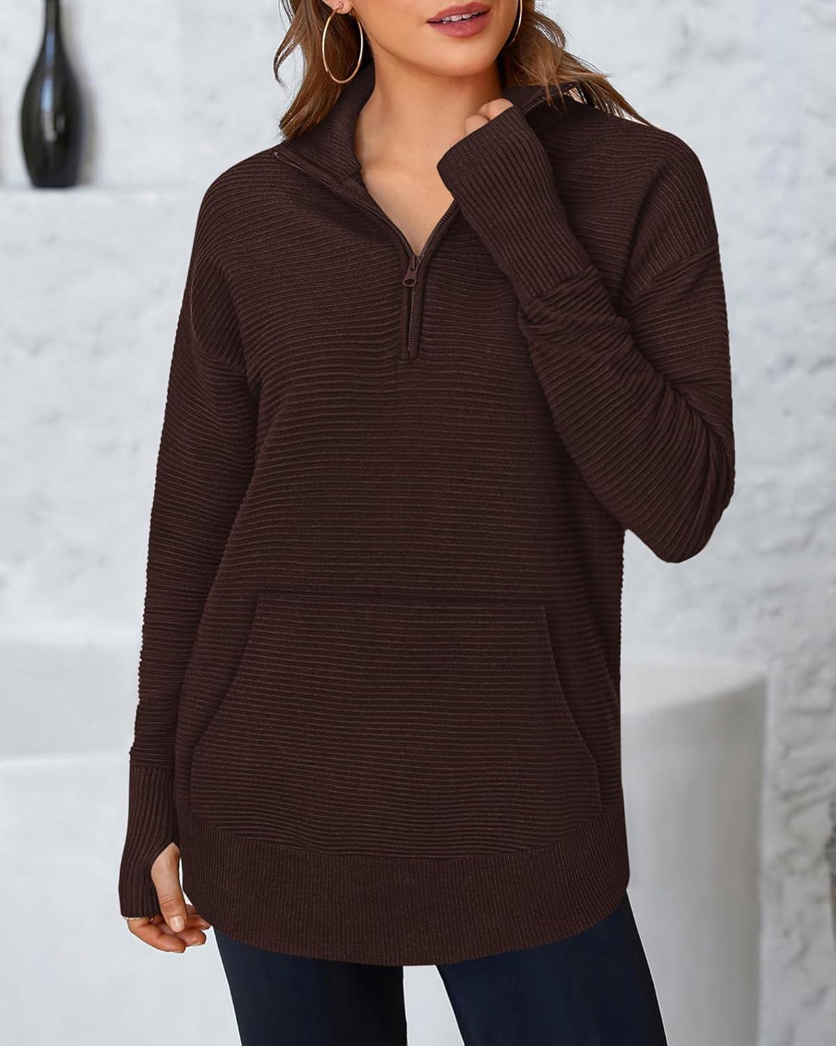 imageBTFBM Sweaters for Women Fall Clothes 2025 Pocket Quarter Zip Pullover V Neck Long Sleeve Knit Trendy Winter SweaterDark Brown