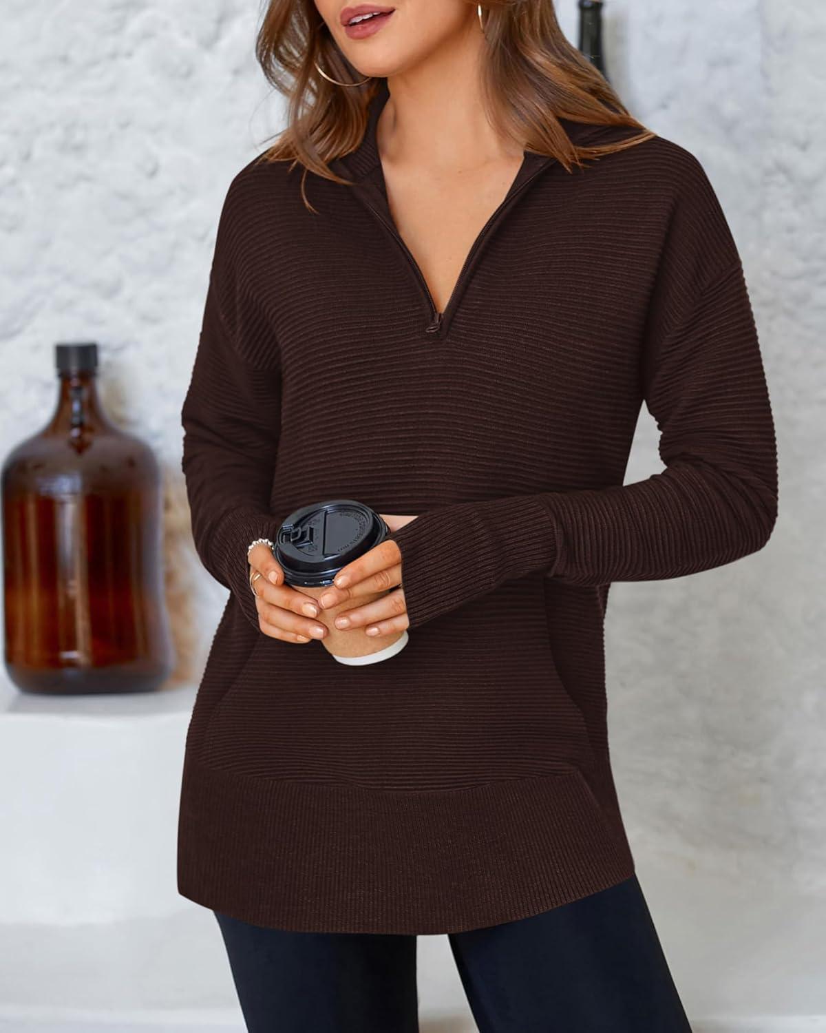 imageBTFBM Sweaters for Women Fall Clothes 2025 Pocket Quarter Zip Pullover V Neck Long Sleeve Knit Trendy Winter SweaterDark Brown