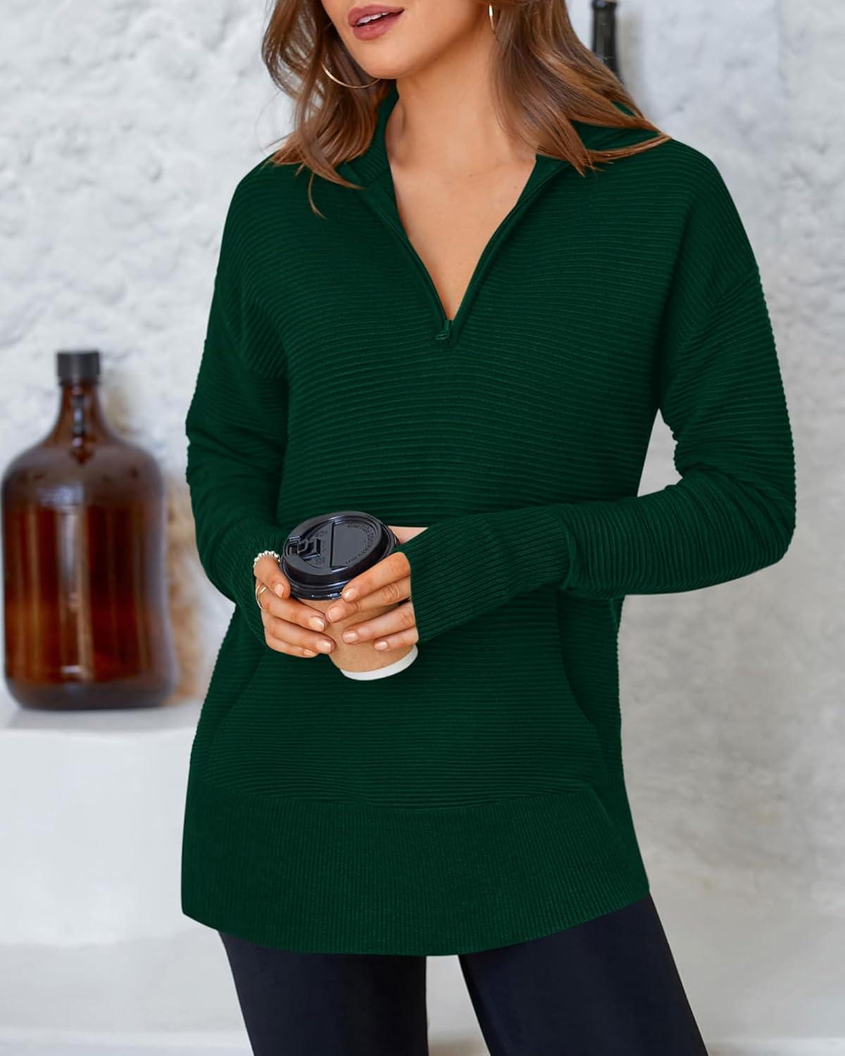 imageBTFBM Sweaters for Women Fall Clothes 2025 Pocket Quarter Zip Pullover V Neck Long Sleeve Knit Trendy Winter SweaterDark Green