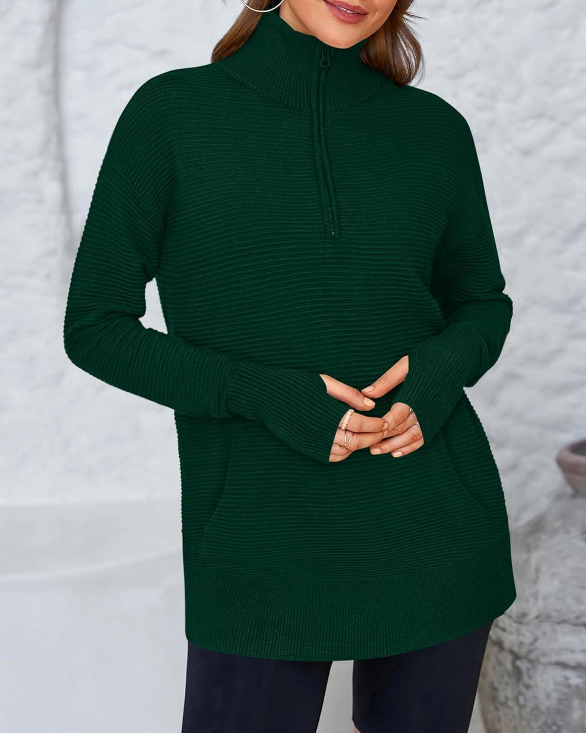 imageBTFBM Sweaters for Women Fall Clothes 2025 Pocket Quarter Zip Pullover V Neck Long Sleeve Knit Trendy Winter SweaterDark Green