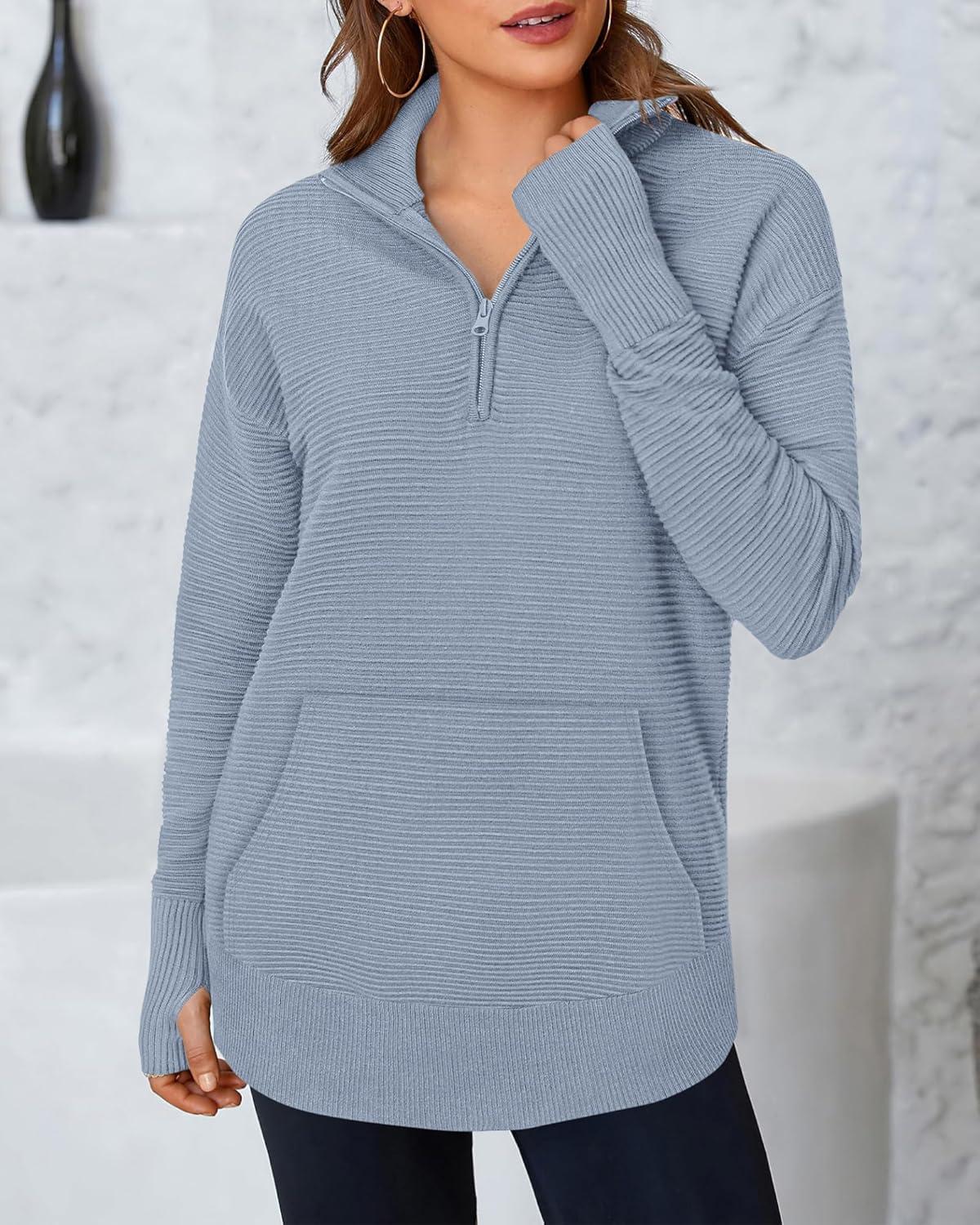 imageBTFBM Sweaters for Women Fall Clothes 2025 Pocket Quarter Zip Pullover V Neck Long Sleeve Knit Trendy Winter SweaterGrey