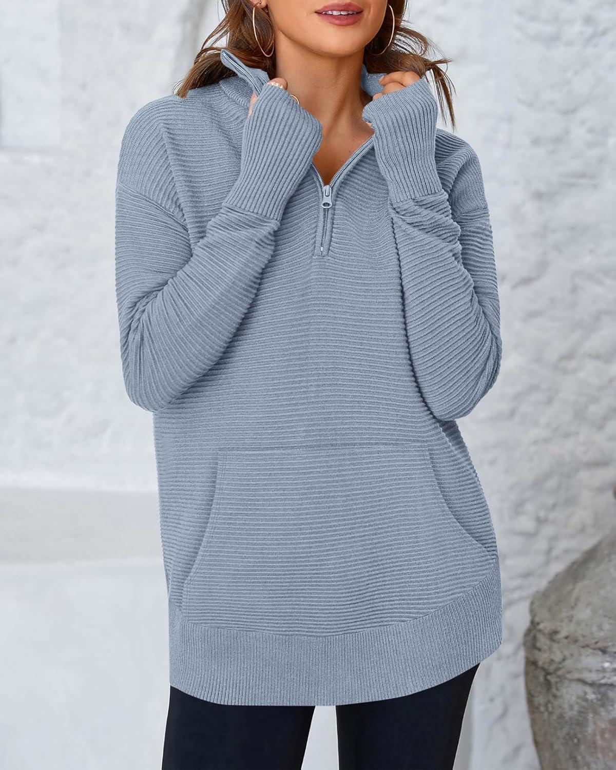 imageBTFBM Sweaters for Women Fall Clothes 2025 Pocket Quarter Zip Pullover V Neck Long Sleeve Knit Trendy Winter SweaterGrey