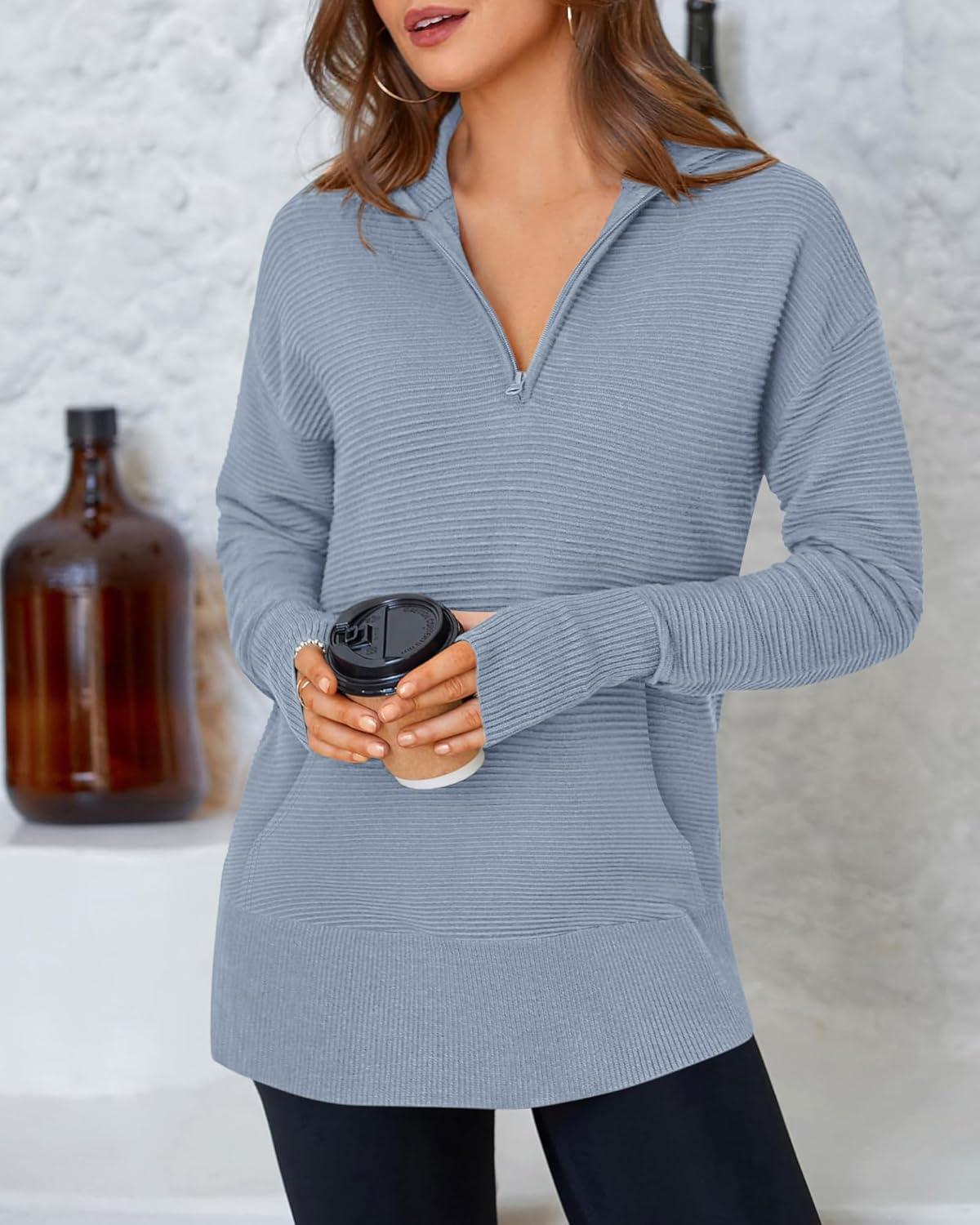 imageBTFBM Sweaters for Women Fall Clothes 2025 Pocket Quarter Zip Pullover V Neck Long Sleeve Knit Trendy Winter SweaterGrey