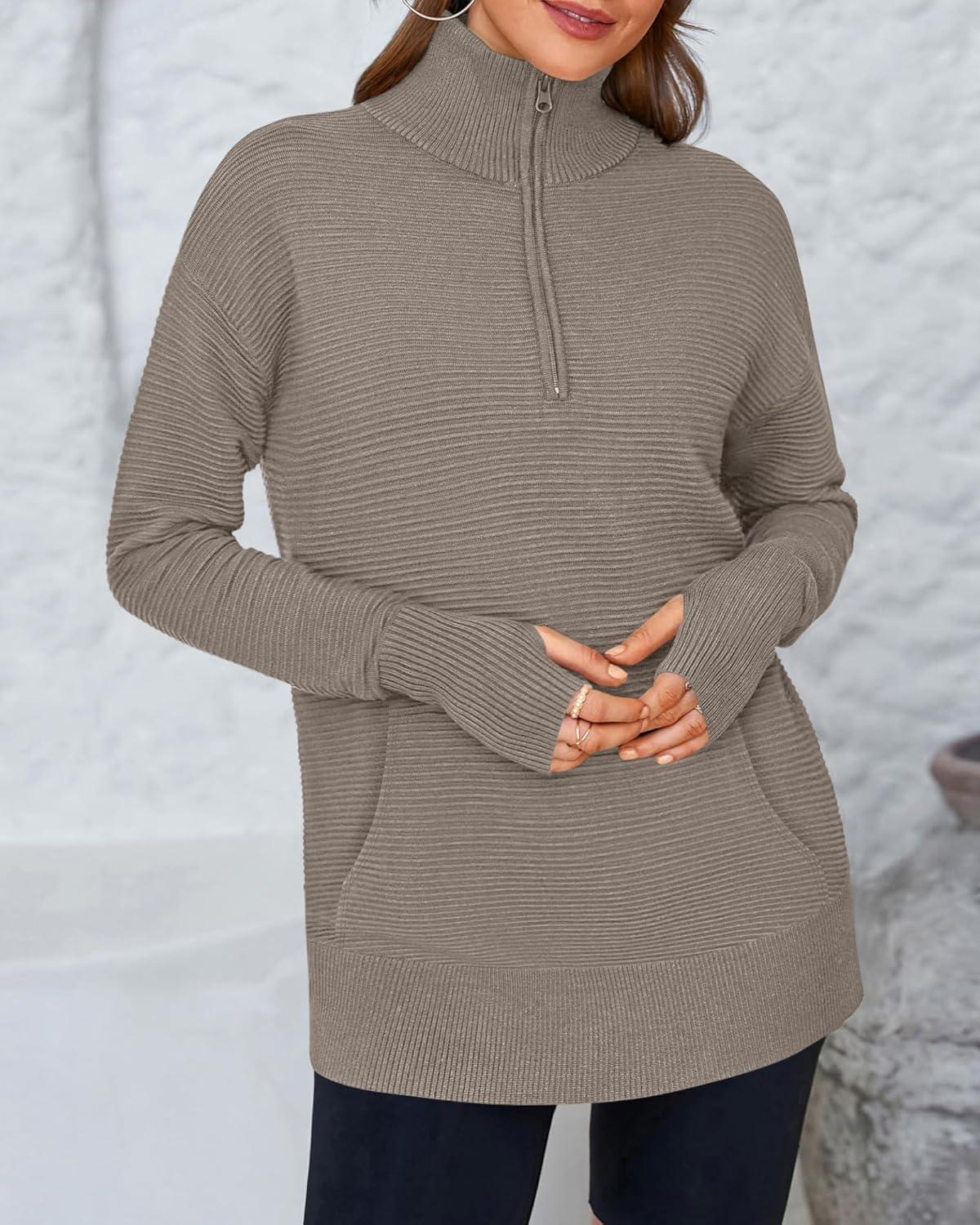imageBTFBM Sweaters for Women Fall Clothes 2025 Pocket Quarter Zip Pullover V Neck Long Sleeve Knit Trendy Winter SweaterKhaki