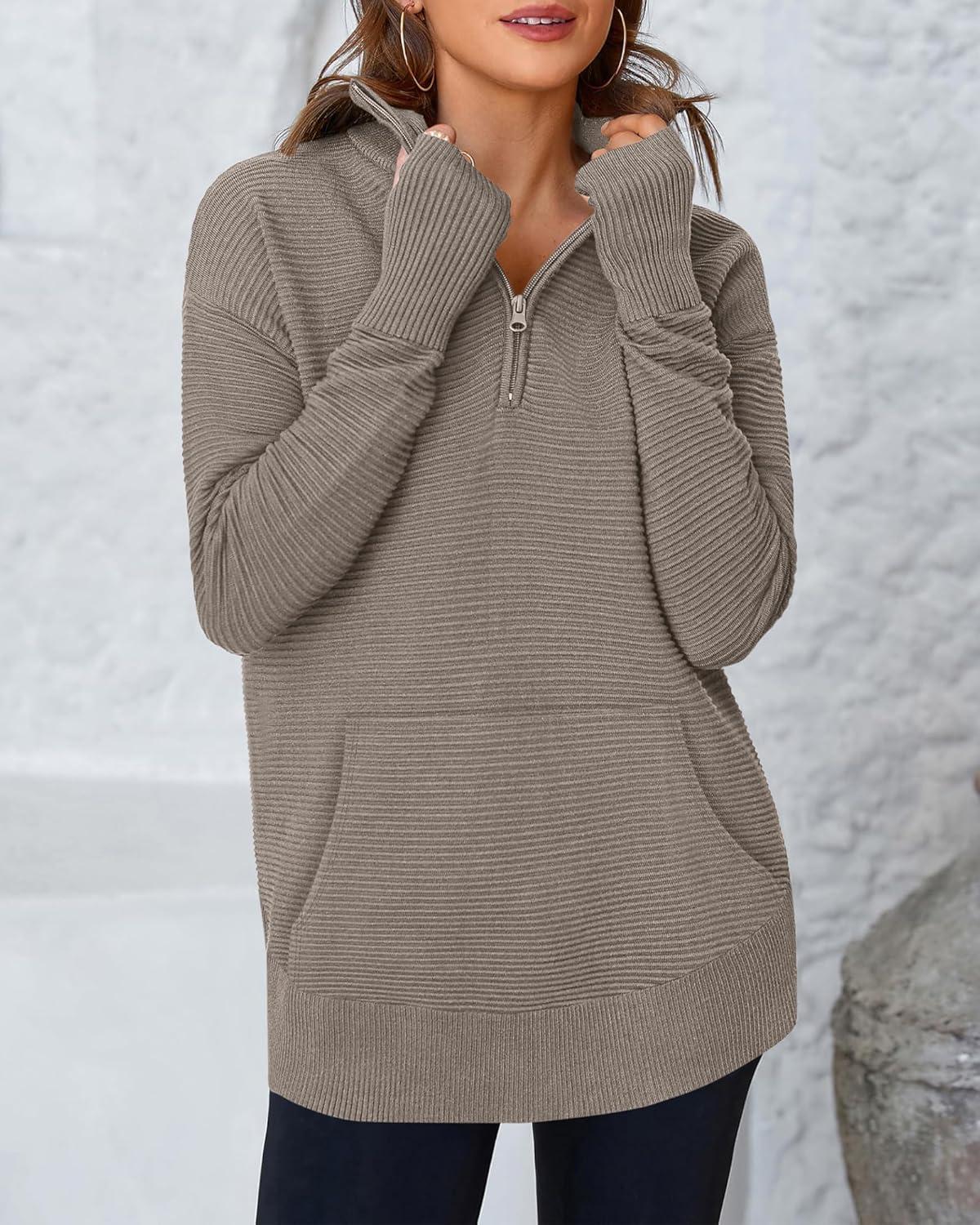 imageBTFBM Sweaters for Women Fall Clothes 2025 Pocket Quarter Zip Pullover V Neck Long Sleeve Knit Trendy Winter SweaterKhaki