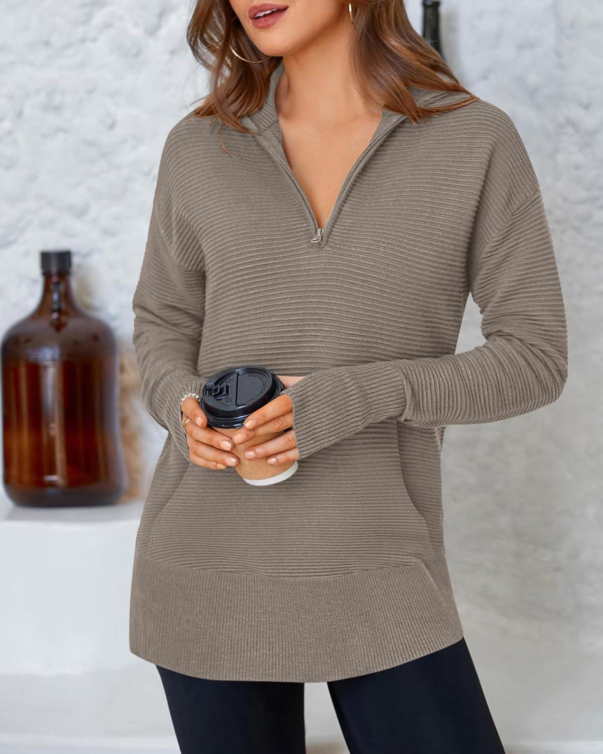 imageBTFBM Sweaters for Women Fall Clothes 2025 Pocket Quarter Zip Pullover V Neck Long Sleeve Knit Trendy Winter SweaterKhaki