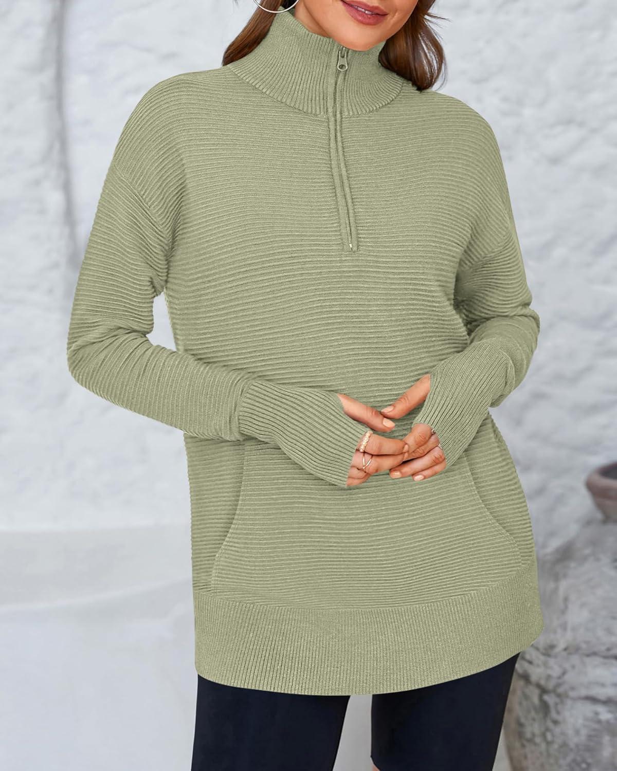 imageBTFBM Sweaters for Women Fall Clothes 2025 Pocket Quarter Zip Pullover V Neck Long Sleeve Knit Trendy Winter SweaterLight Green