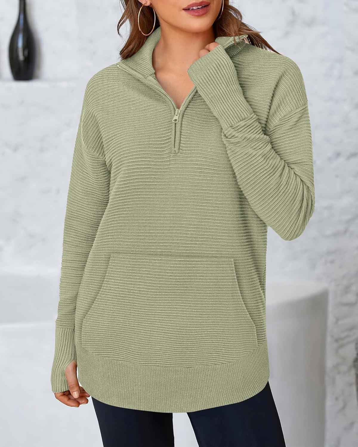 imageBTFBM Sweaters for Women Fall Clothes 2025 Pocket Quarter Zip Pullover V Neck Long Sleeve Knit Trendy Winter SweaterLight Green